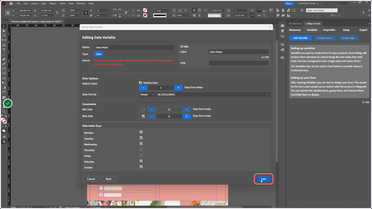 Click Save to confirm the variable