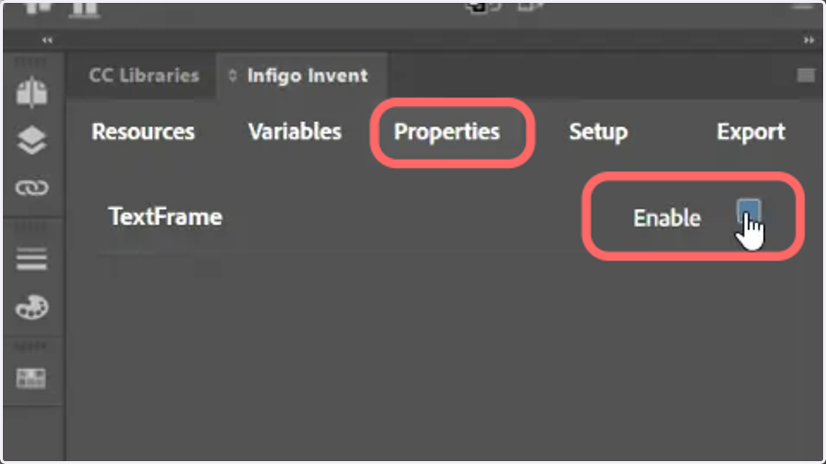 Enable the text frame within the properties tab to make it dynamic