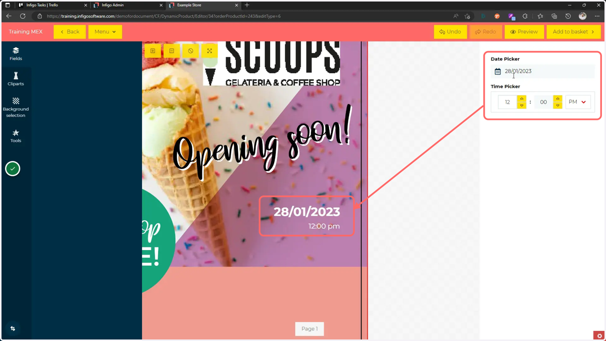 Date and Time pickers are now available on the MegaEdit form and are linked to the text frames on your template