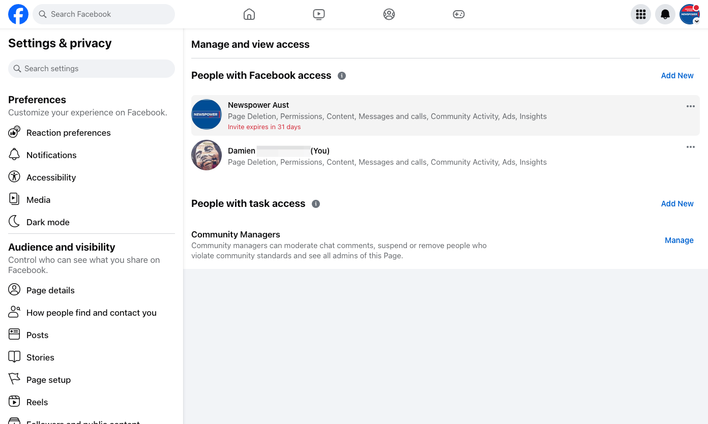 Here you can see an invite has been sent to Newspower to access your page.