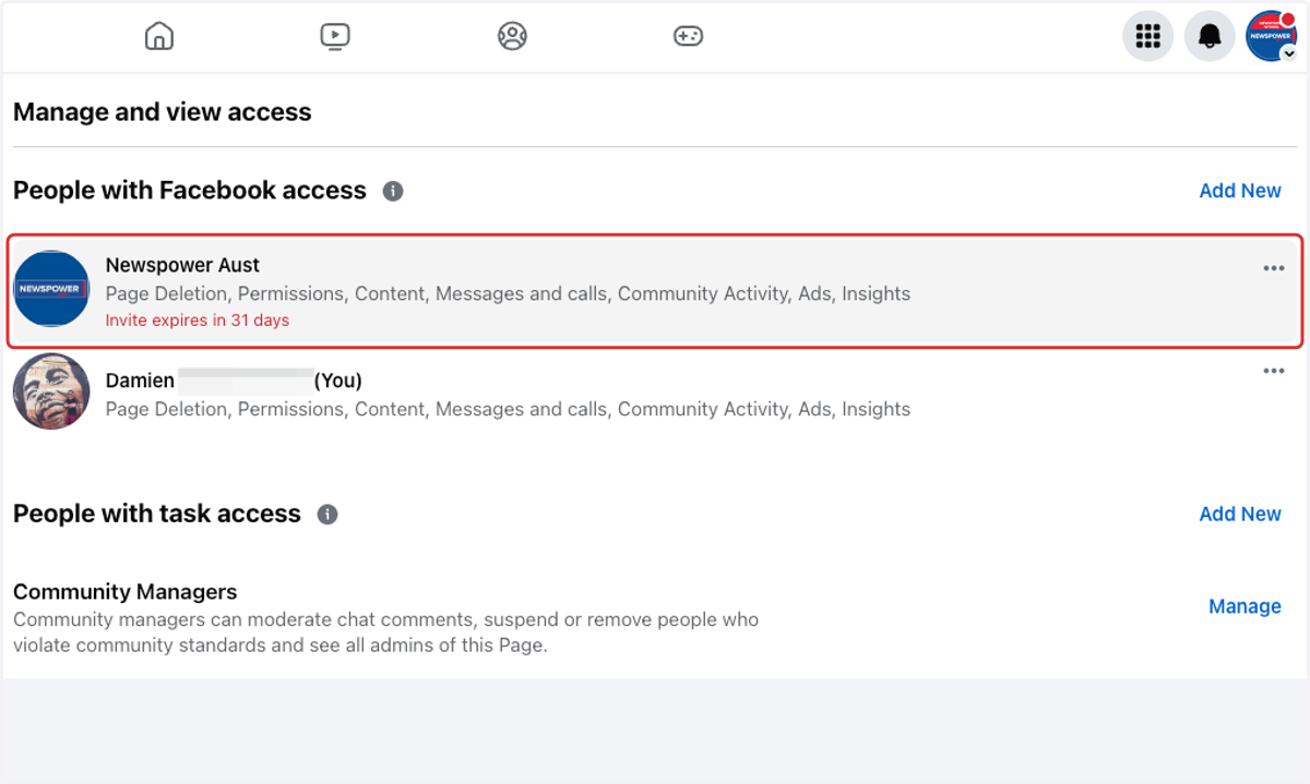 Here you can see an invite has been sent to Newspower to access your page.