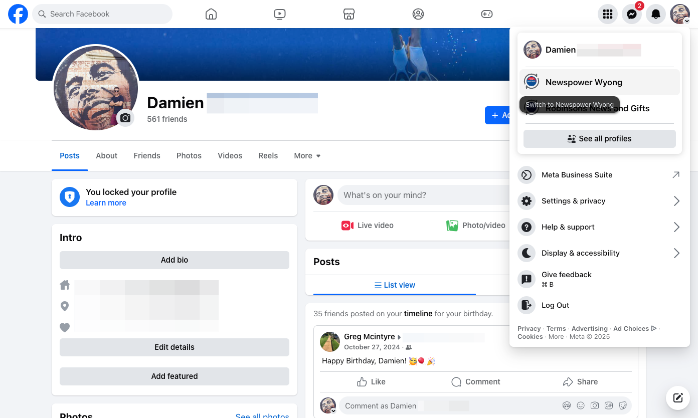 Select your business page from the menu to jump into your page.