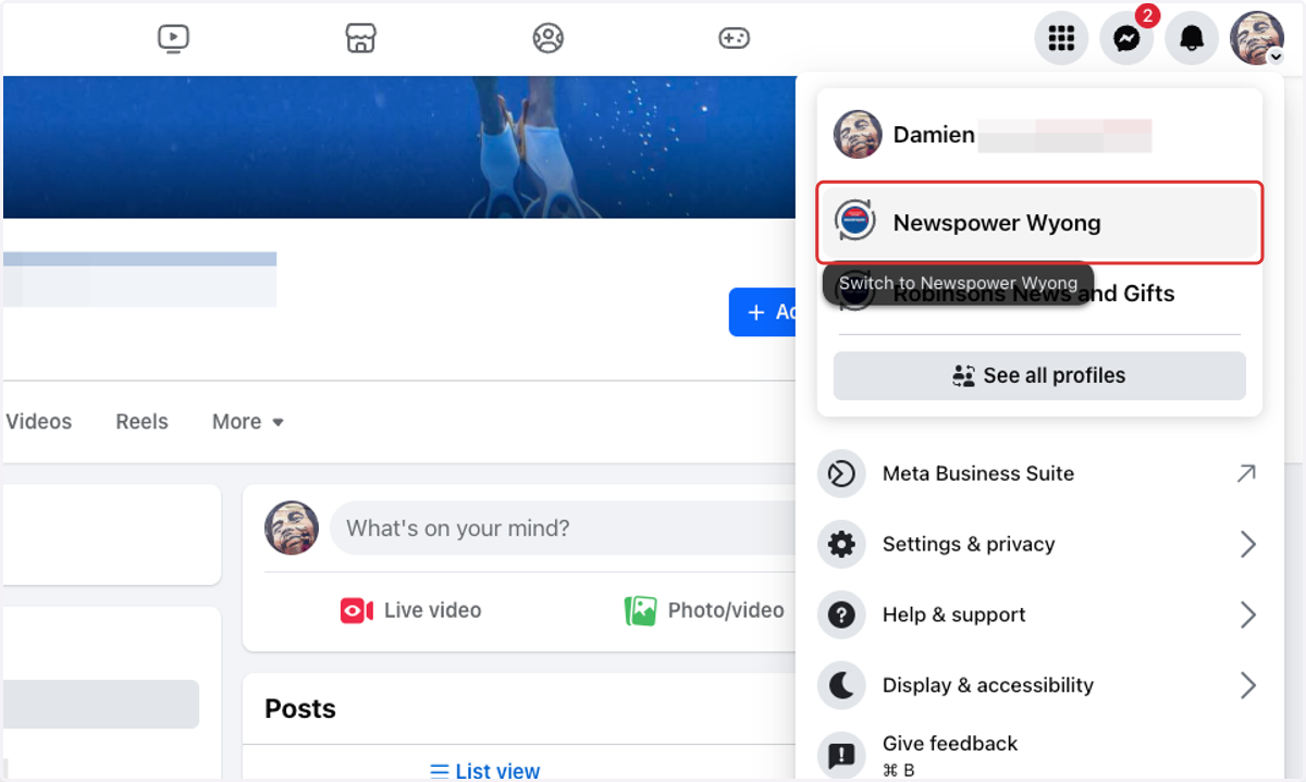 Select your business page from the menu to jump into your page.