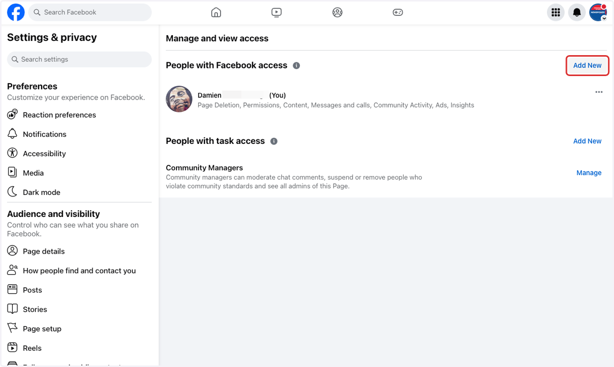 Click on the top Add New (People with Facebook access)