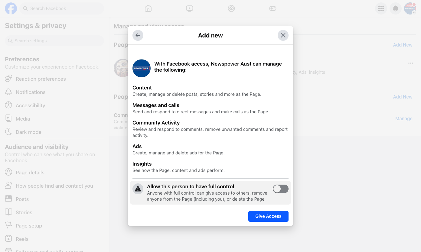 Click on Allow this person to have full control…