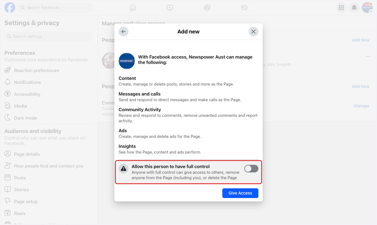 Click on Allow this person to have full control…