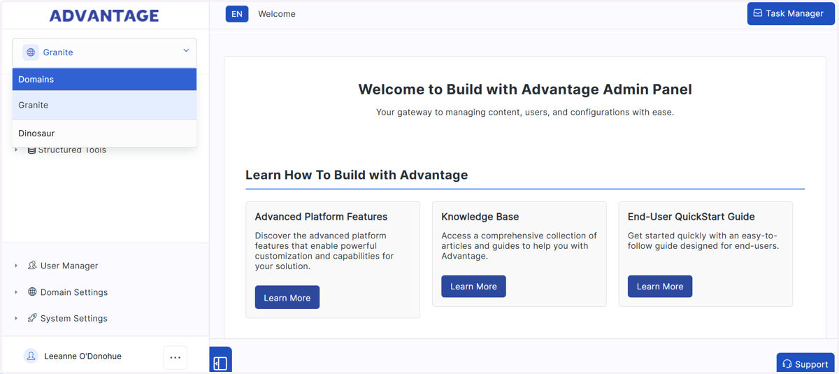 Here you will find your multi-site deployments. You can host multiple sites on Build with Advantage and here you can switch between sites.