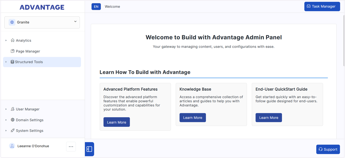 When you first login to Build with Advantage you will land on the Welcome Dashboard for the Admin.