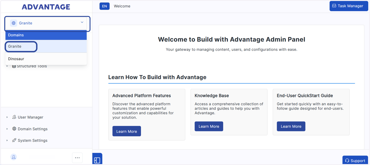 In some cases your Administrator may make your Welcome page a different section of the Admin, in that case simply click on Domains at the top left of the menu and choose your Domain.