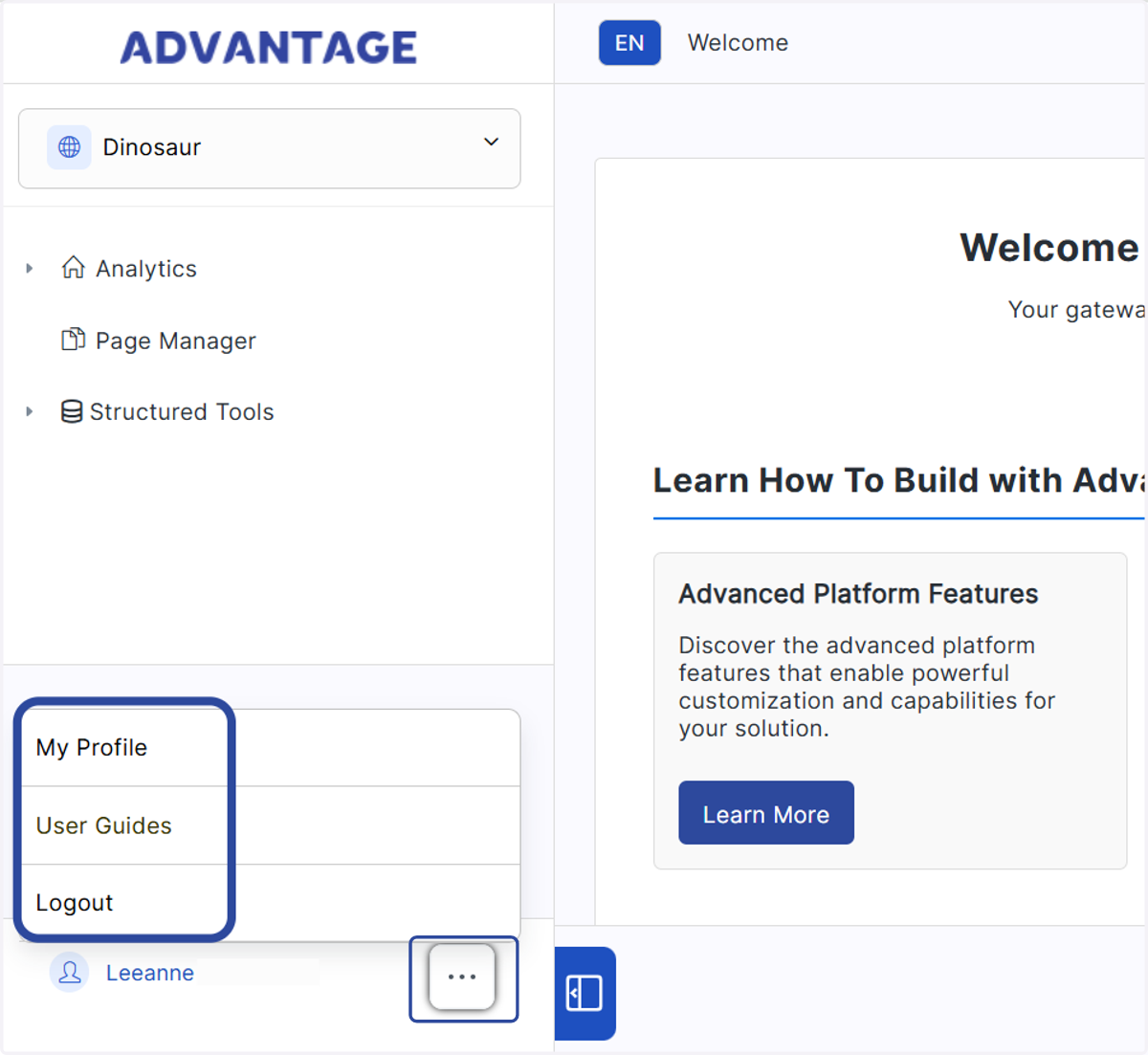 Click the Profile button beside your username to view your profile, access the Help Center and Logout.