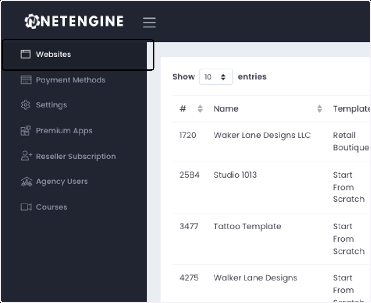 Login to app.netengine.co/login then click on websites