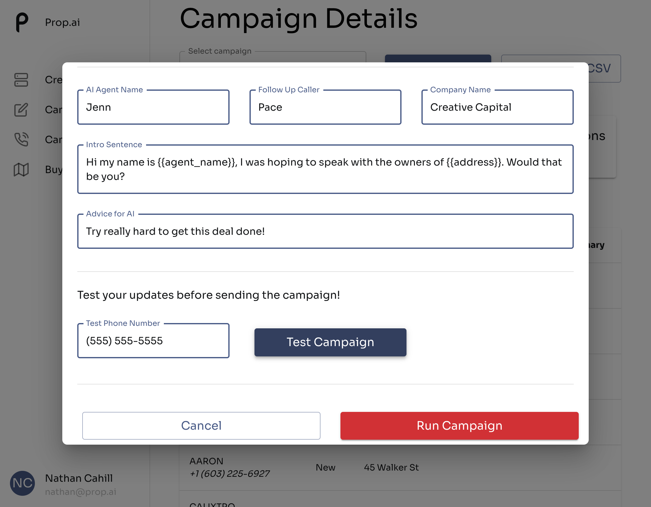 Click on Test Campaign.