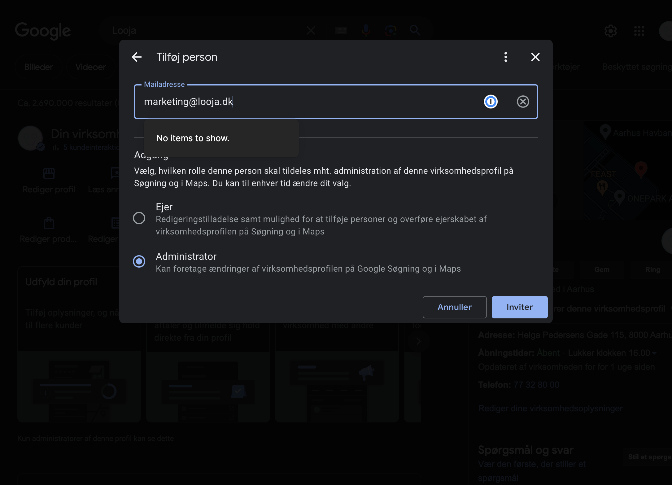 Type "marketing@looja.dk" and give Administrator access