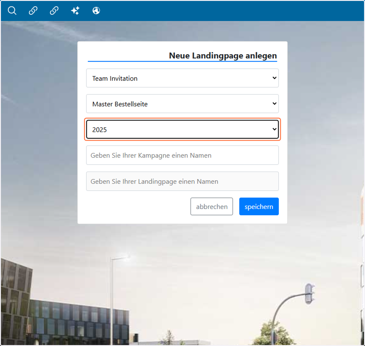Wähle das Jahr in dem deine Kampagne/Landingpage angelegt werden soll.