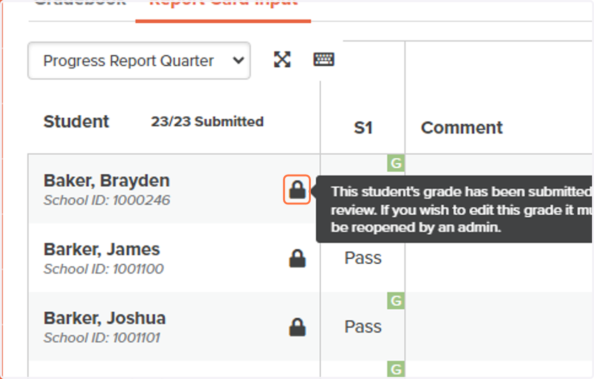 You will now see the "Locked" icon for any grades that have been submitted for review.