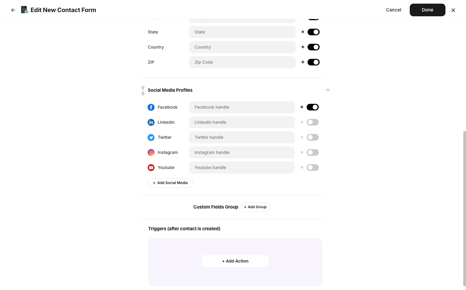 Step 7: You can also edit social media profiles, add custom field groups, and add actions to the form.