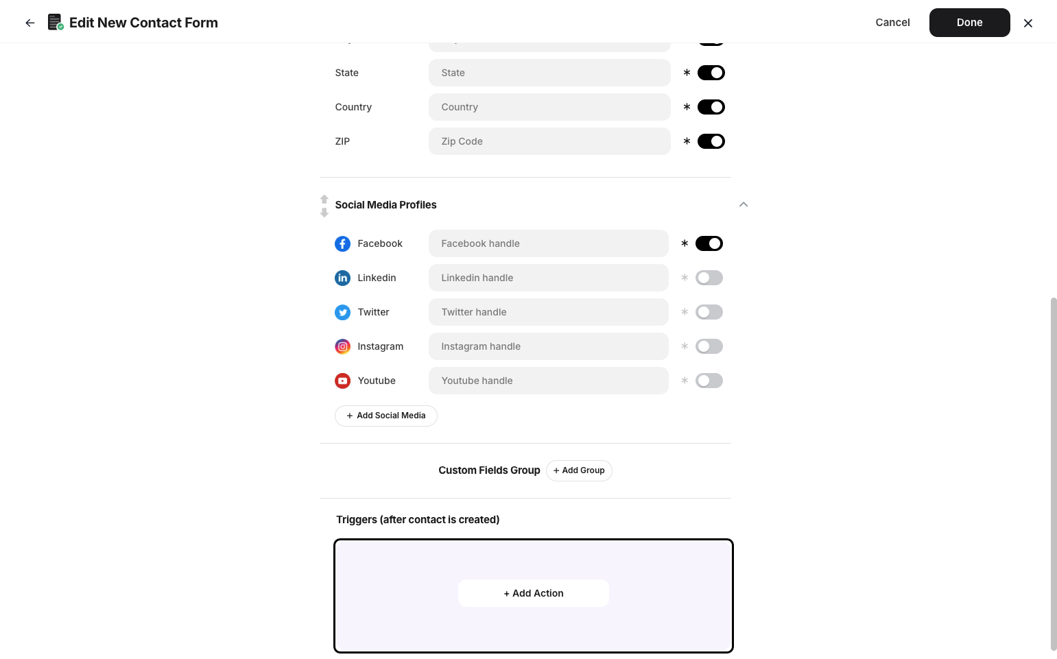Step 7: You can also edit social media profiles, add custom field groups, and add actions to the form.