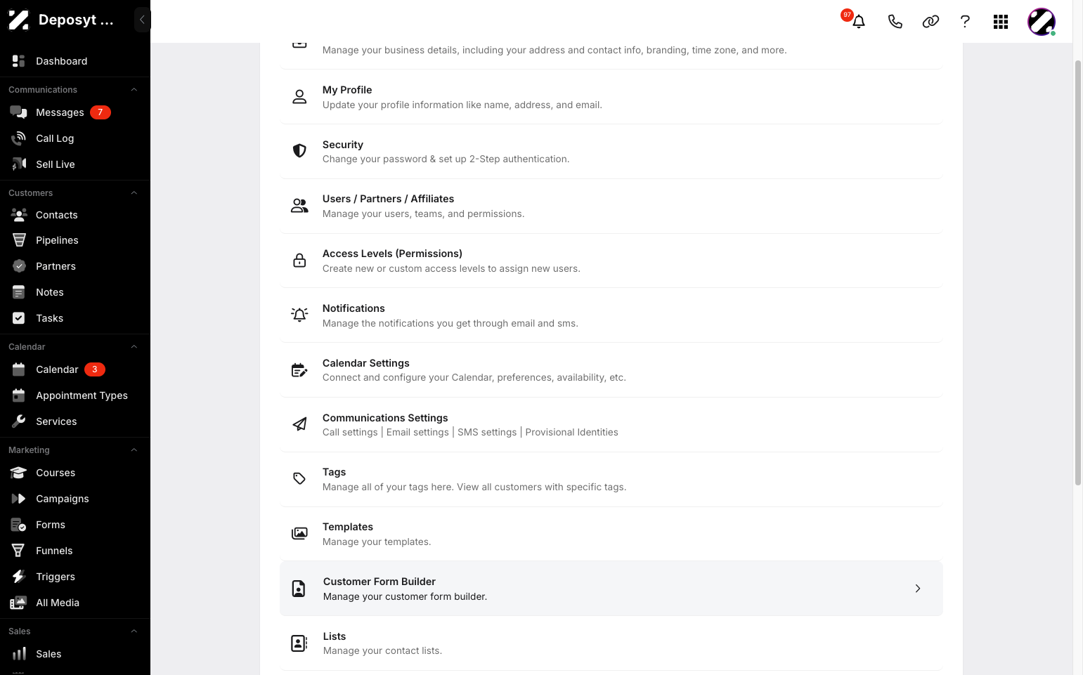 Step 3: You will then be taken to the Settings page. Click on Customer Form Builder to continue.