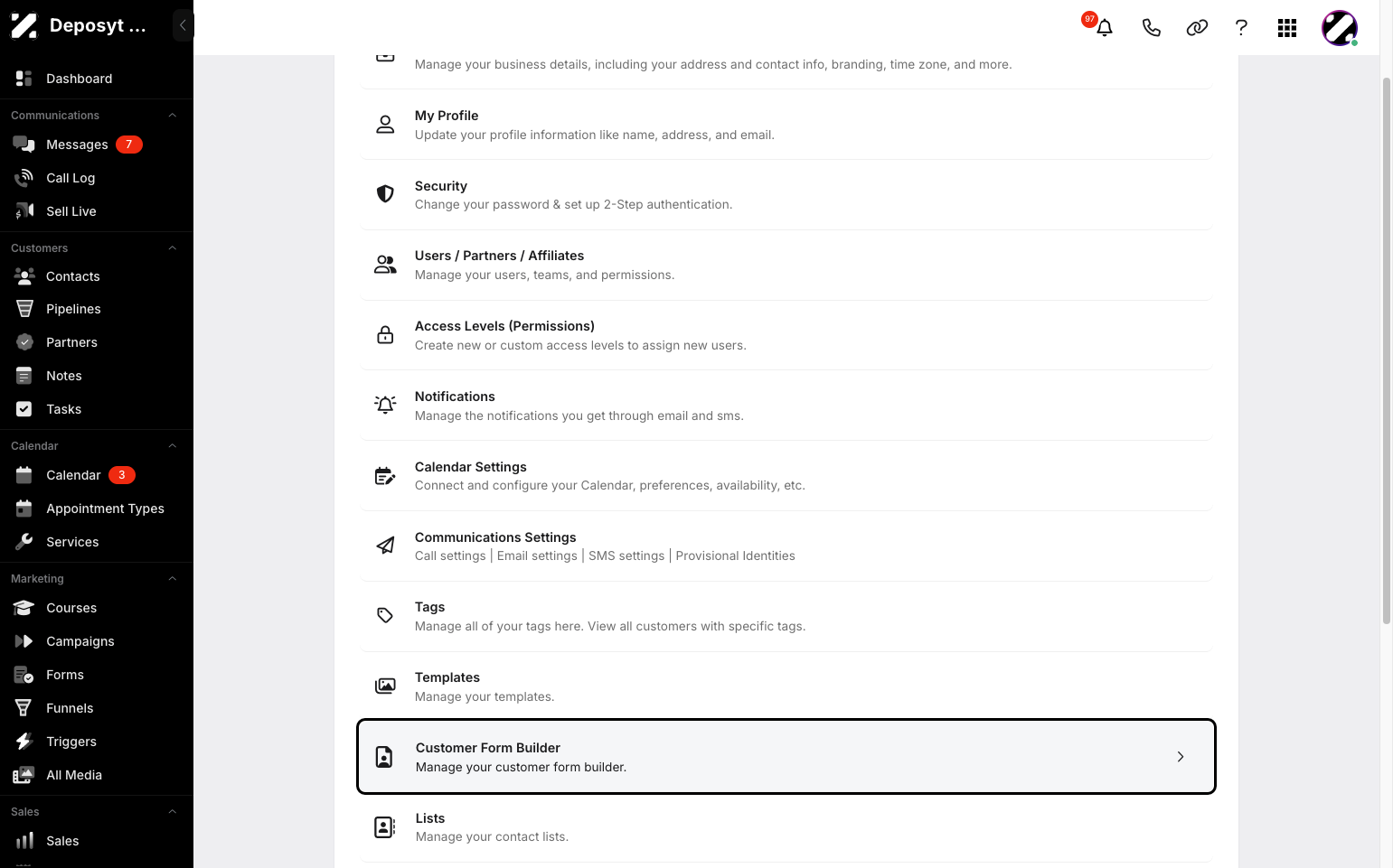 Step 3: You will then be taken to the Settings page. Click on Customer Form Builder to continue.