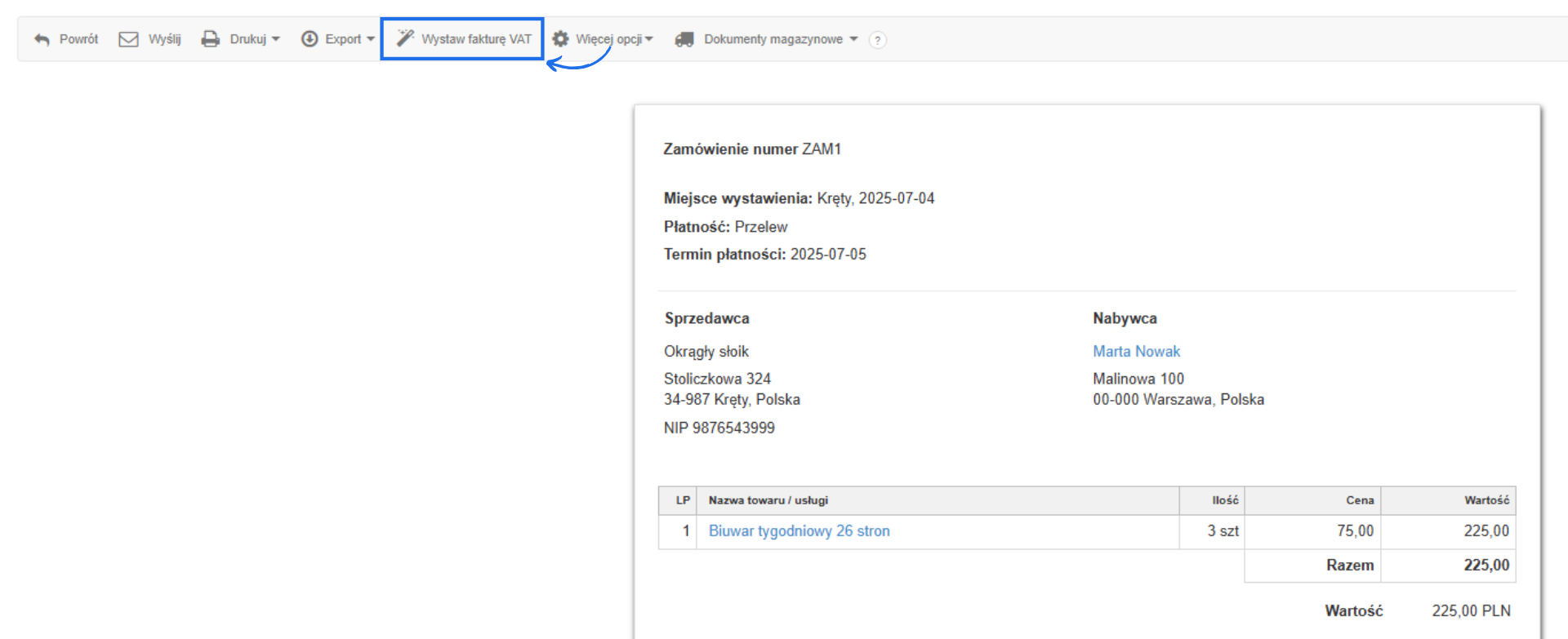 Z menu podręcznego ponad dokumentem wybierz opcję 'Wystaw fakturę VAT', by wystawić z zamówienia fakturę VAT.