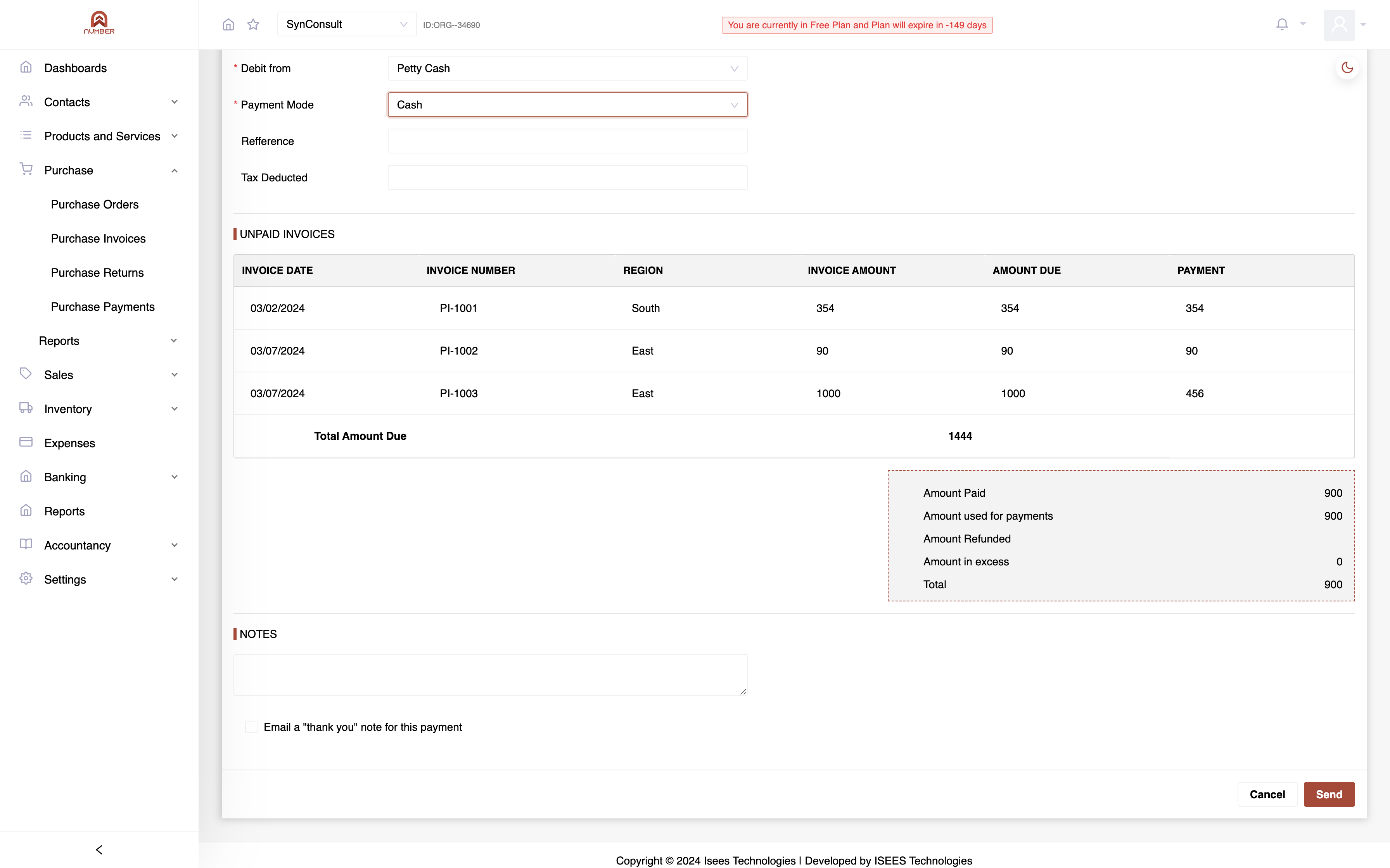 Review listed invoices and click "Send" to complete the payment.