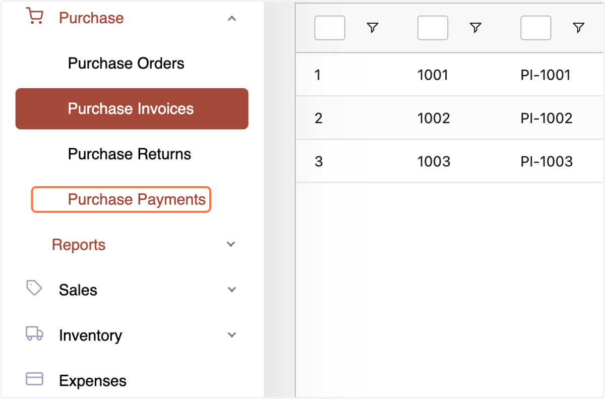 Creating Purchase Payments:Navigate to the "Purchase Payment" section under "Purchase".