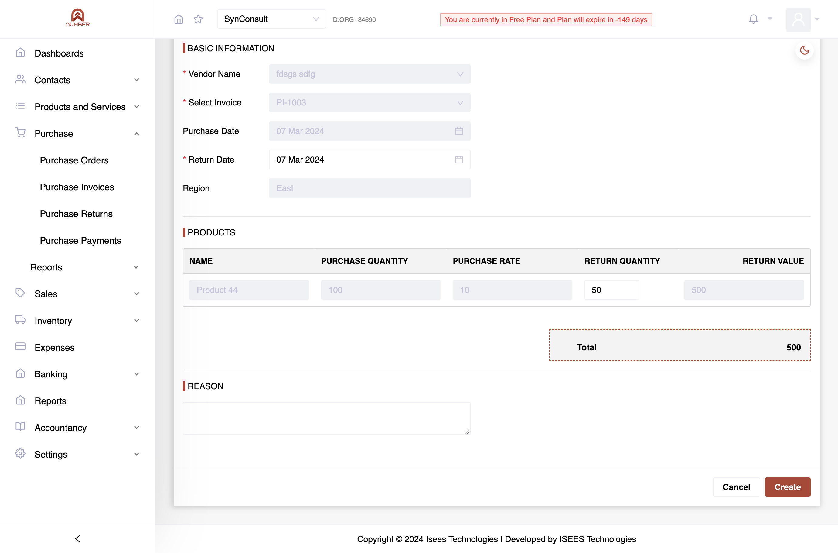 Click "Create" to complete the return process.