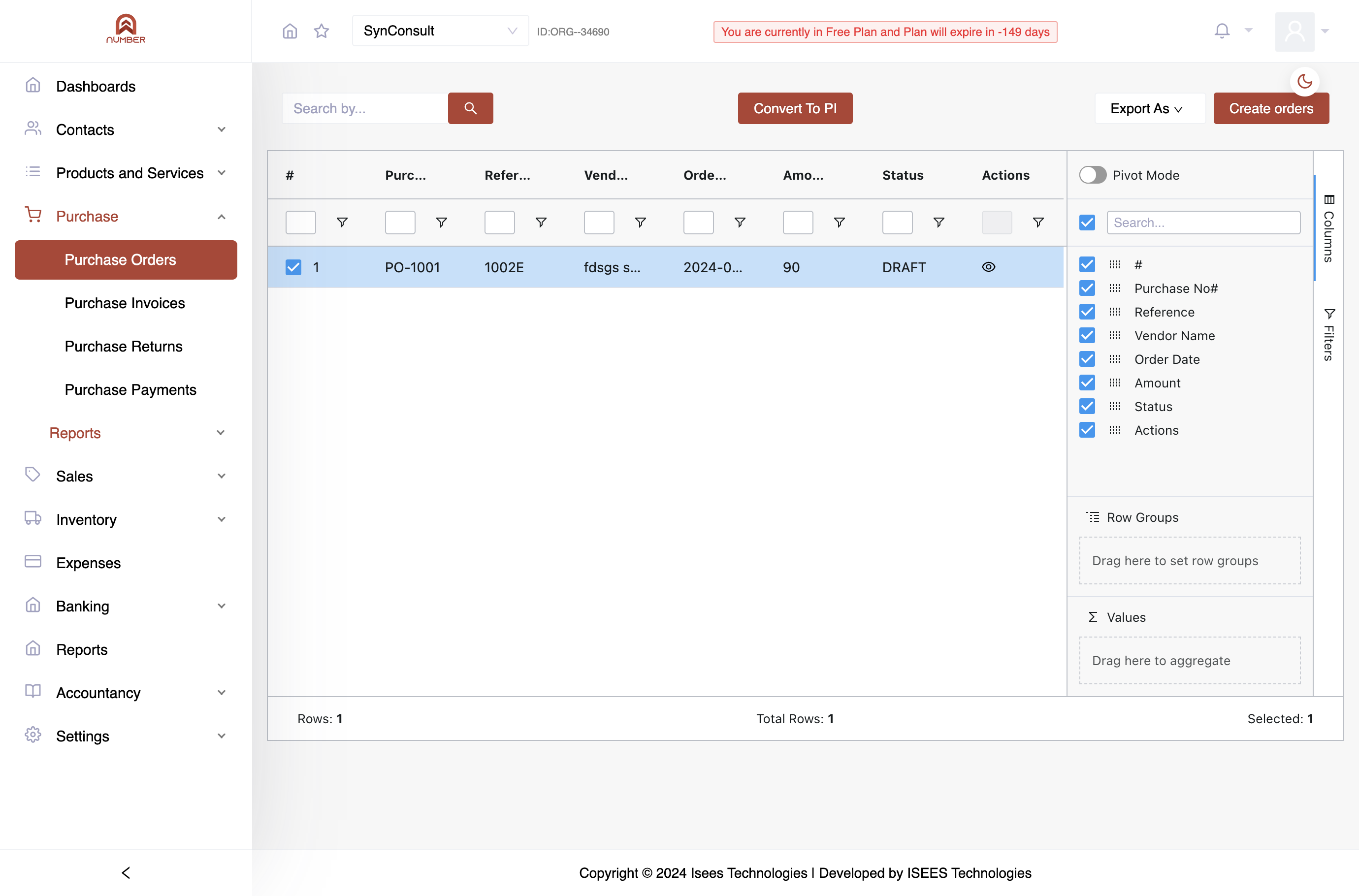 Convert a Purchase Order to an Invoice with one click by selecting and choosing "Convert to PI."