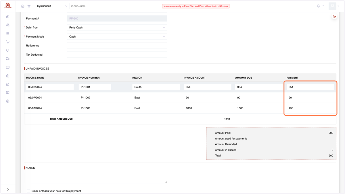 After choosing the vendor, the system will display all unpaid invoices associated with that vendor. Upon entering the payment amount, the system will automatically distribute the amount among the listed invoices.a step towards better cashflow managem