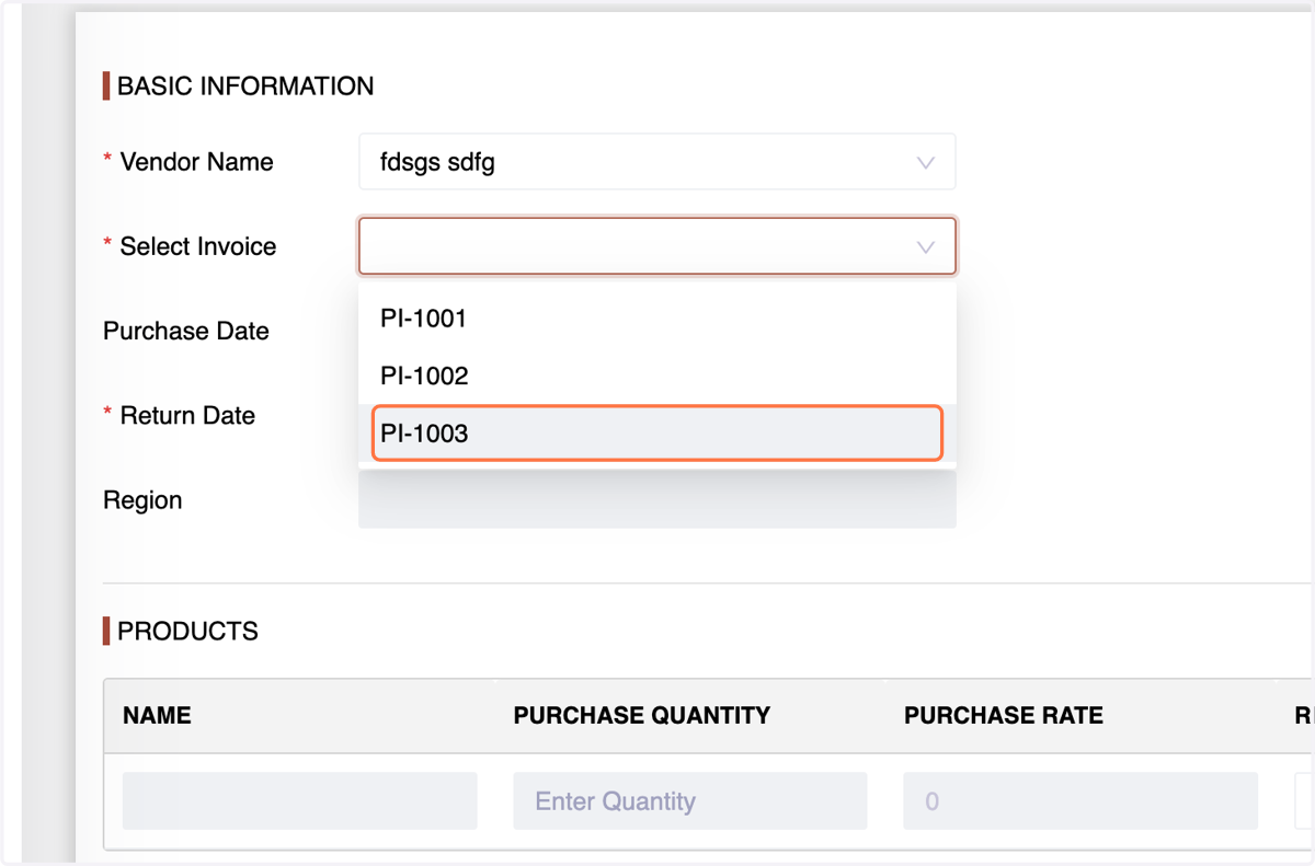 and choose the relevant invoice,Enter return date, region,