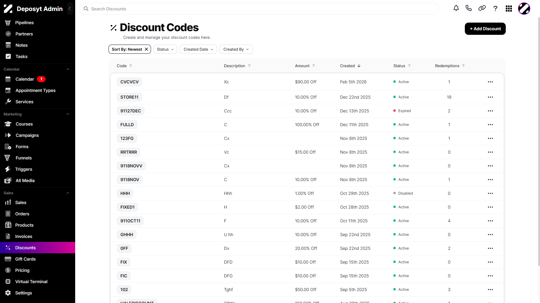 Step 2: You will then be navigated to the Discount Codes.