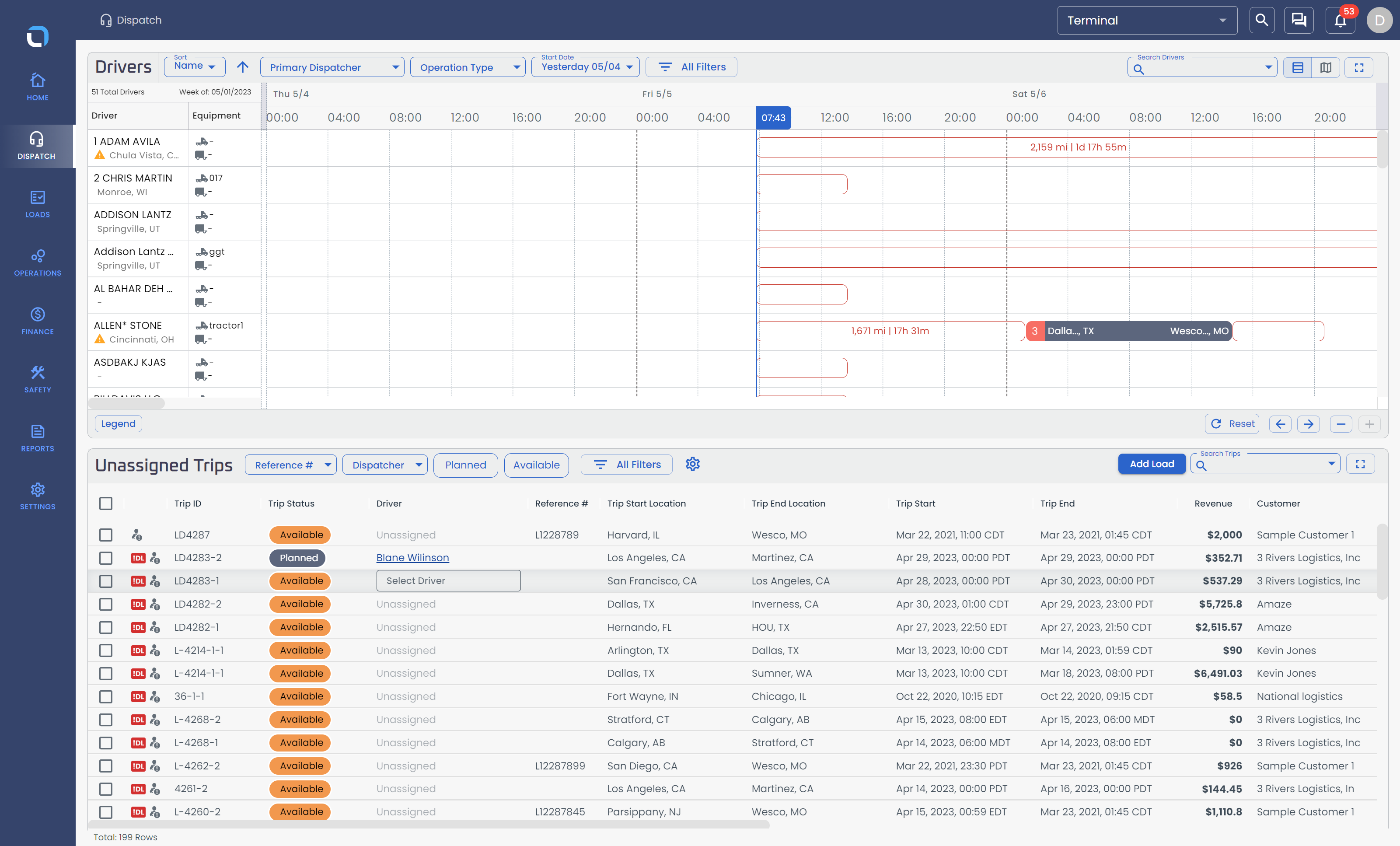 Trips can be directly Planned and/or Assigned to drivers directly from the Trip Grid