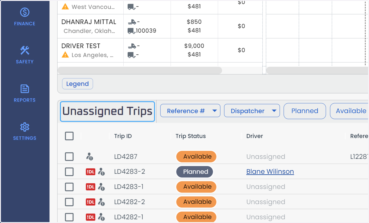Unassigned Trips are shown on the bottom panel which includes both AVAILABLE and PLANNED trips