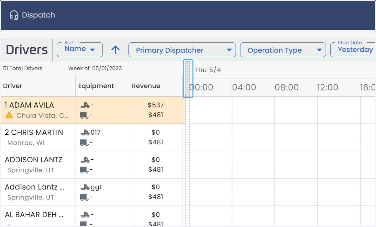 The Gantt has an adjustable grid to show more KPIs for the driver including revenue, driver pay, and mileage