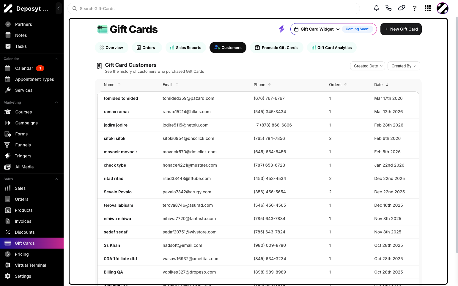 Step 4: You will now see a table displaying information about Gift Card Customers. You can also filter the table by Order Date and Created By.