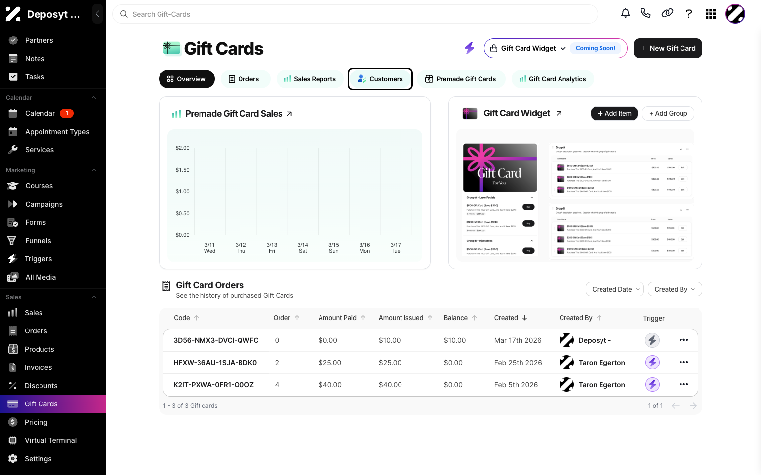 Step 3: Click the Customers button to view the Gift Card Customers.