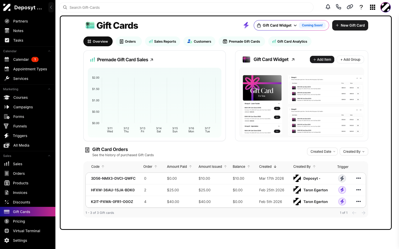 Step 2: You will then be navigated to the Gift Cards tab.