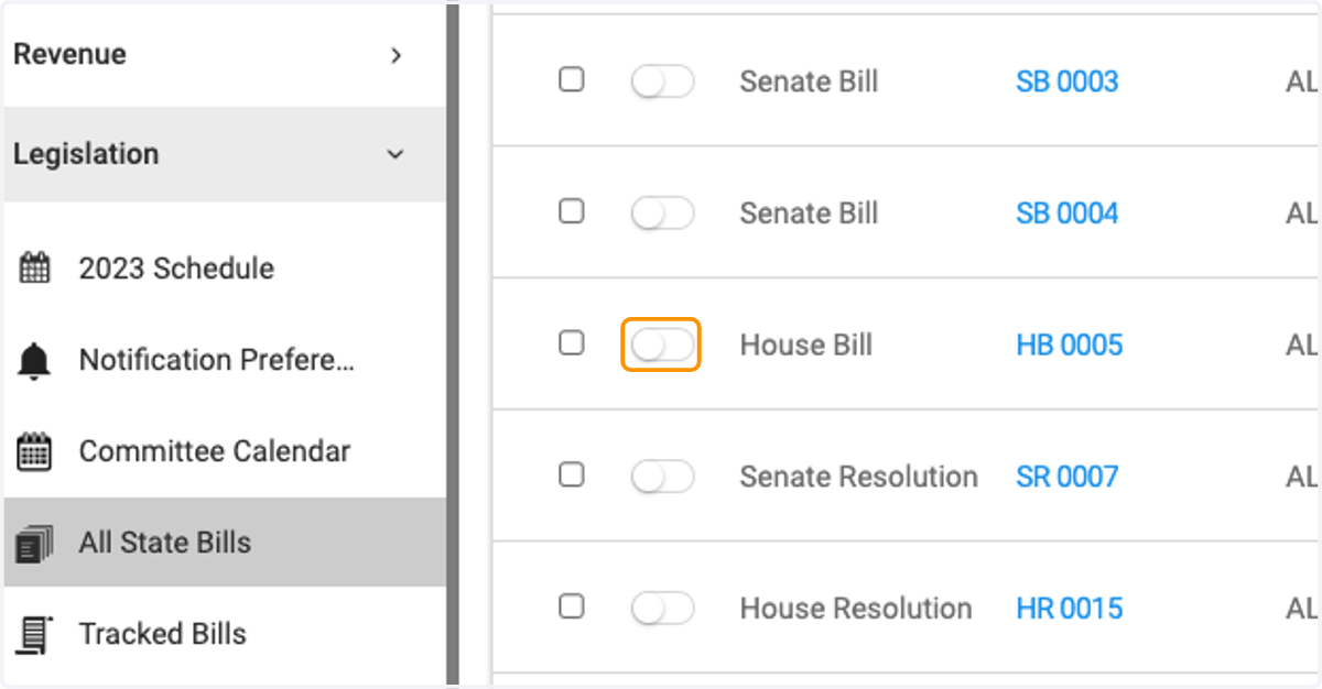 To manually track a bill, you can also toggle on and tracking menu will pop up