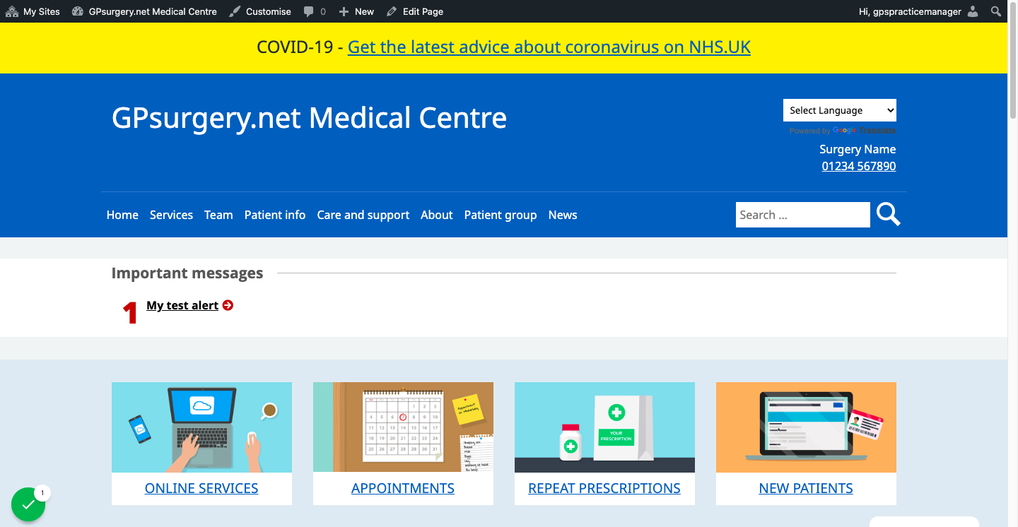 A GPsurgery.net website, with the admin toolbar visible at the top of the screen.