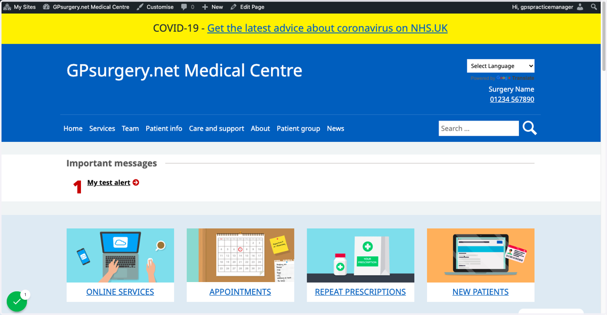 A GPsurgery.net website, with the admin toolbar visible at the top of the screen.