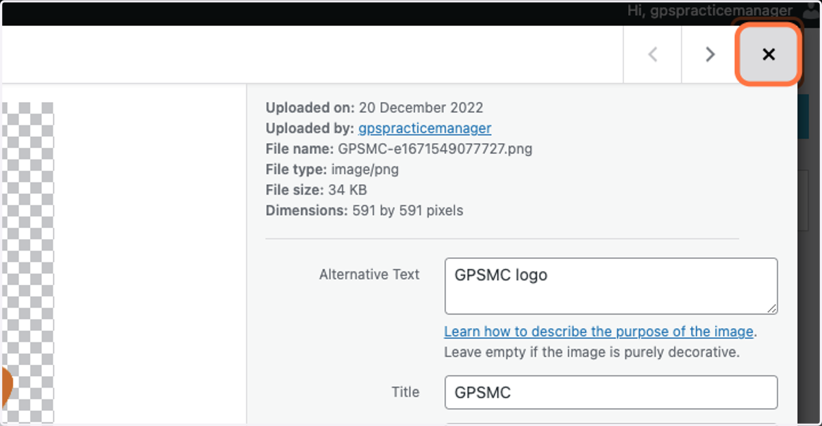 The attachment details page with the Close page button highlighted.