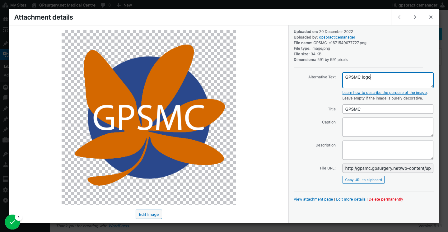 'GPSMC logo' typed into The Alternative Text box.