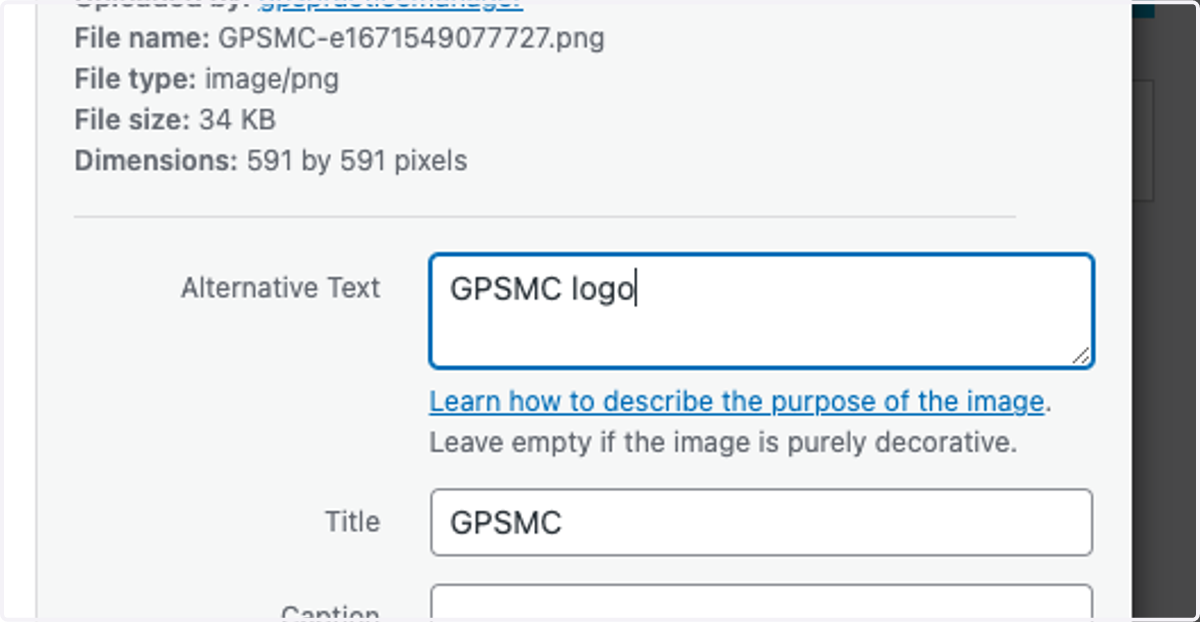 'GPSMC logo' typed into The Alternative Text box.