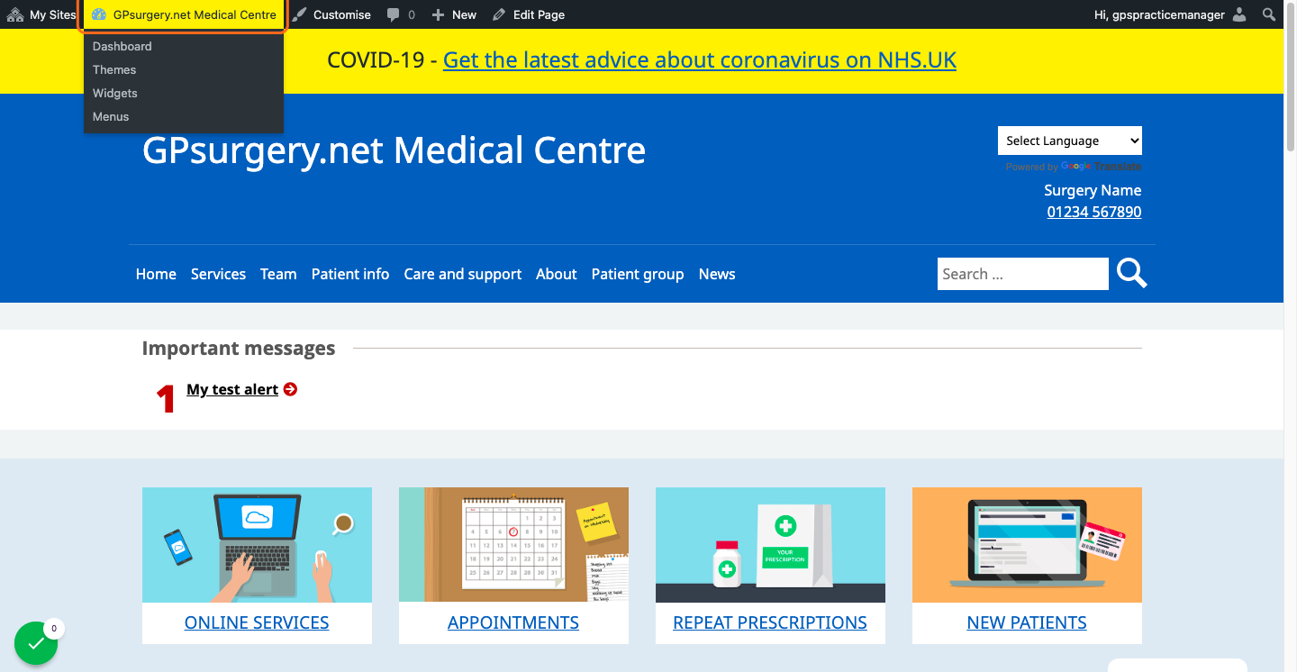 A GPsurgery.net website with its name highlighted in the admin toolbar.