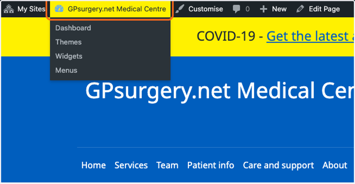 A GPsurgery.net website with its name highlighted in the admin toolbar.