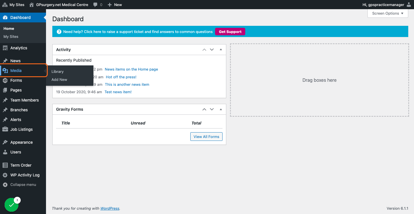 the dashboard, with the Media section of the left-hand sidebar highlighted.
