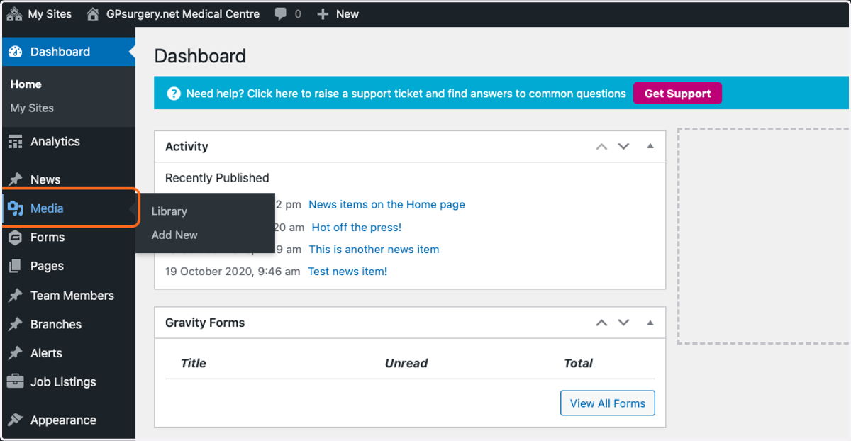 the dashboard, with the Media section of the left-hand sidebar highlighted.