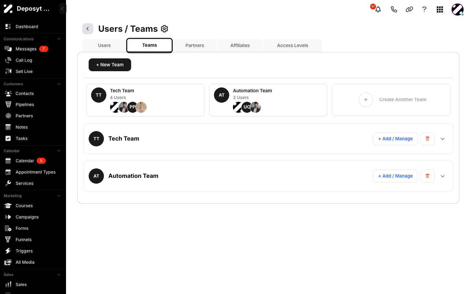 Step 4: You will now be on the Users tab, which opens by default. Click on the Teams tab to access and manage the teams.
