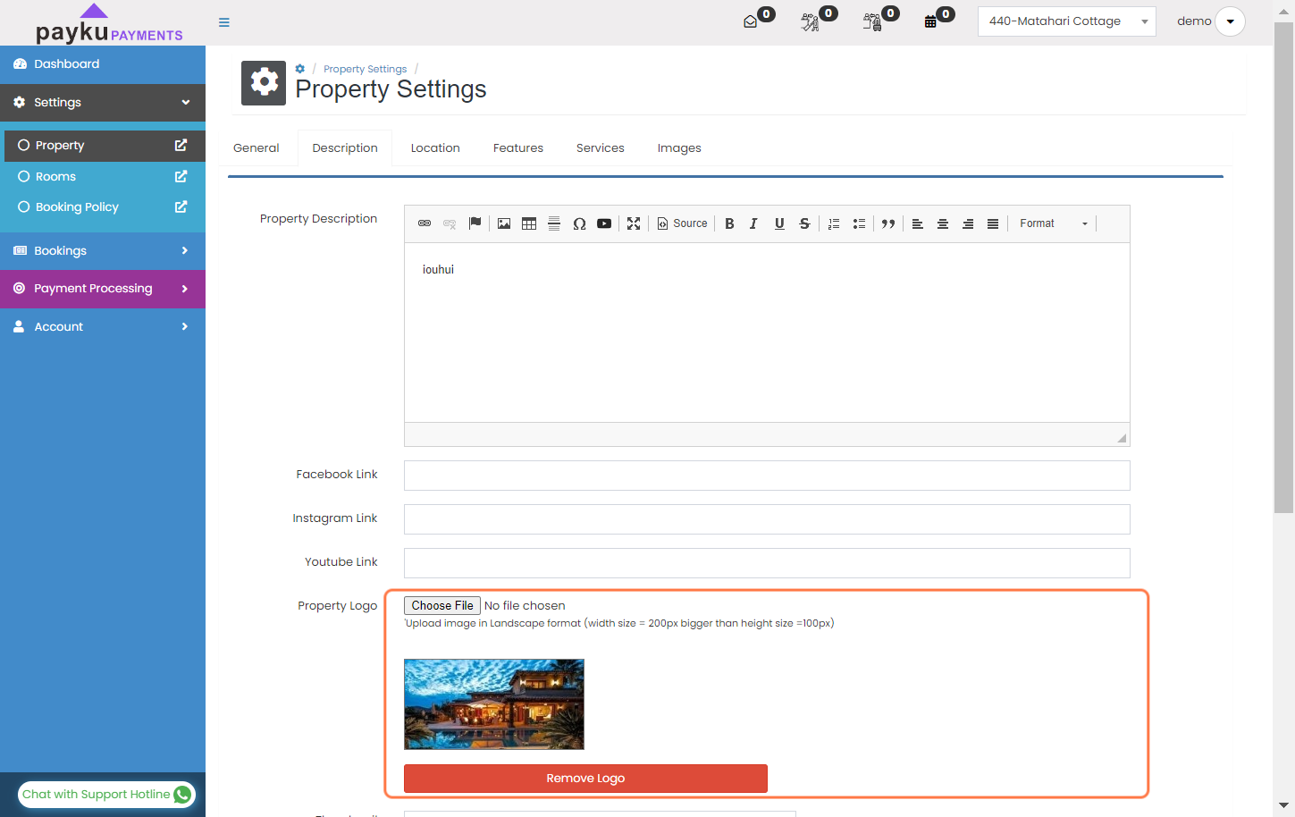 On the "Description" tab, you can input the property description and upload your logo for the invoices. Please make sure to click "Save" after you finish.