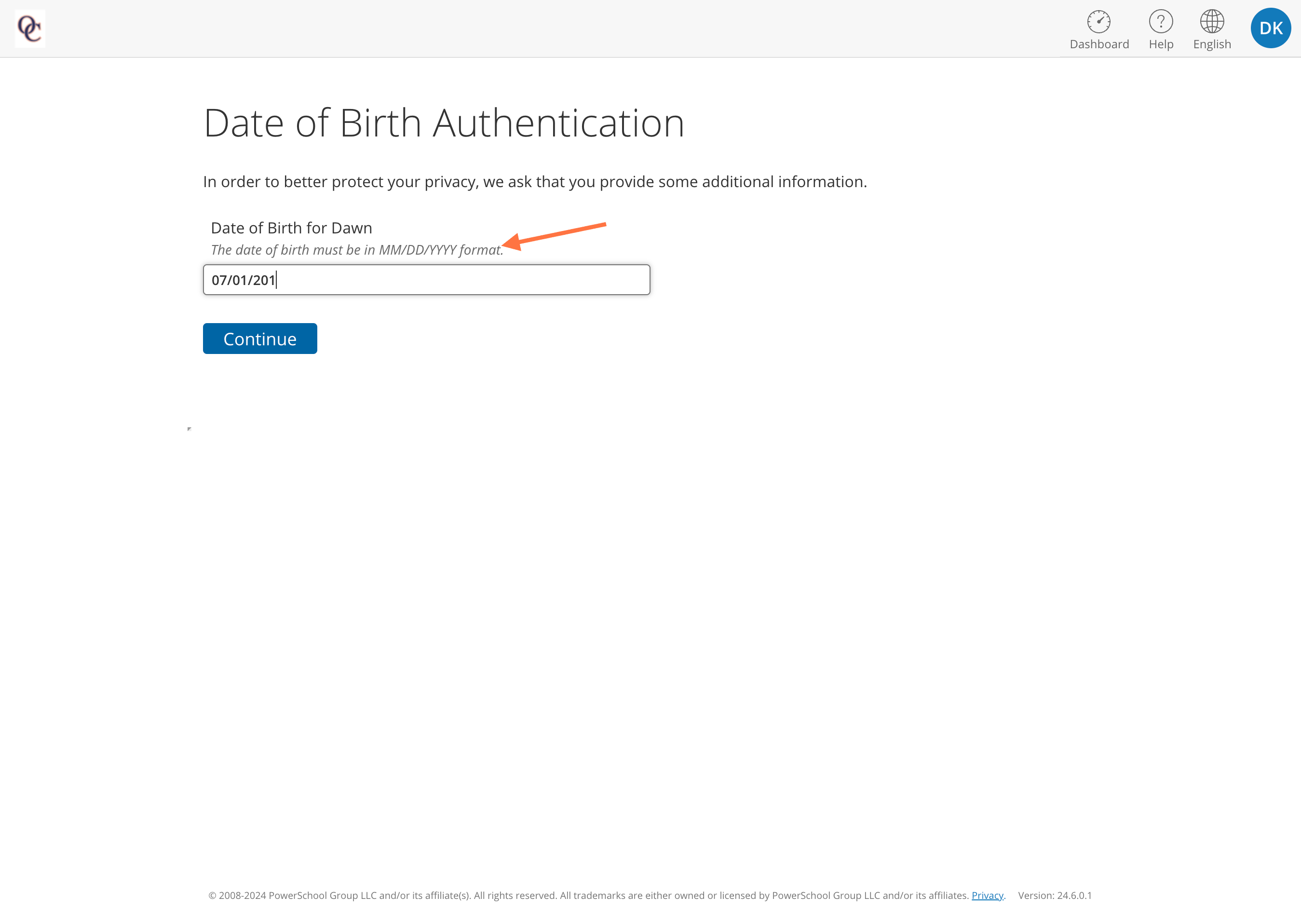 Type the birthdate of your student in the format shown